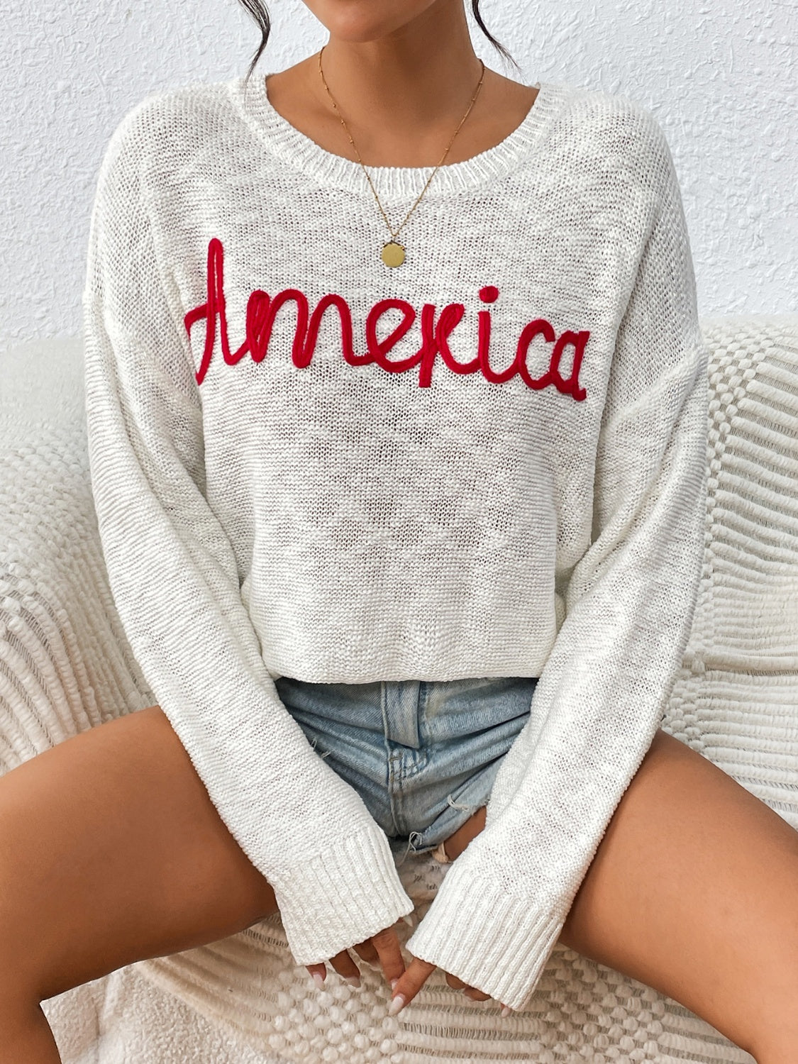 Letter Round Neck Long Sleeve Sweater