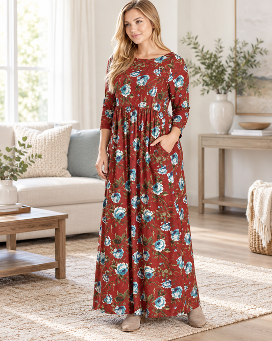 Plus 3/4 Sleeve Floral Maxi Dress
