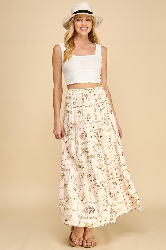 Floral patchwork tiered maxi skirt