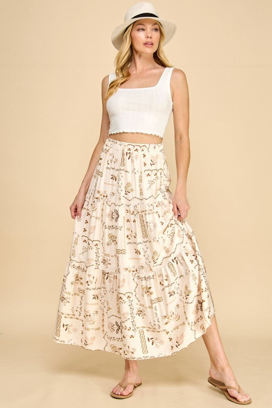 Floral patchwork tiered maxi skirt