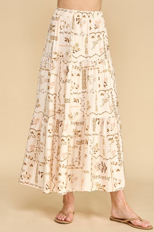 Floral patchwork tiered maxi skirt