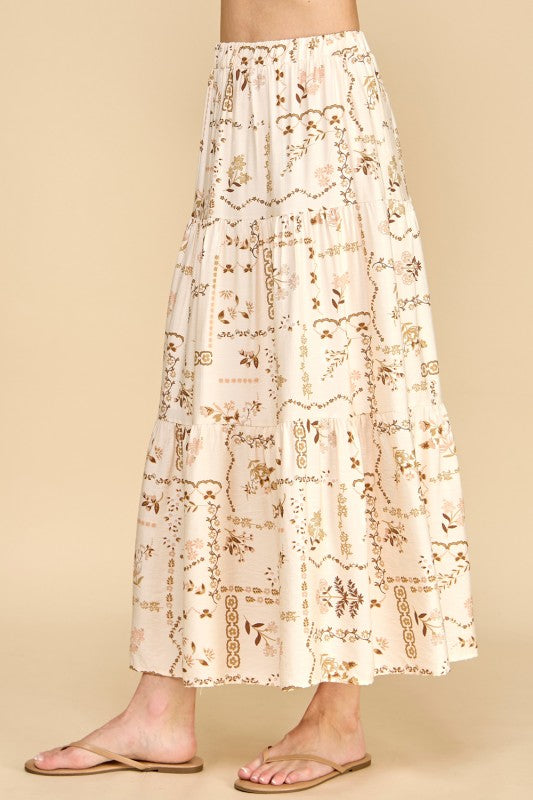 Floral patchwork tiered maxi skirt
