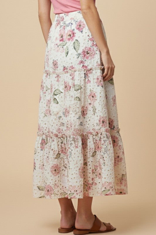 Garden Eyelet Floral Maxi Skirt in Off White floral print back view