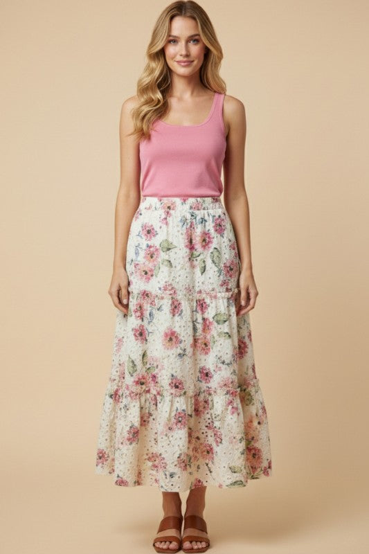 Garden Eyelet Floral Maxi Skirt in Off White floral print front view