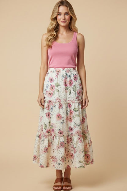 Garden Eyelet Floral Maxi Skirt in Off White floral print front view