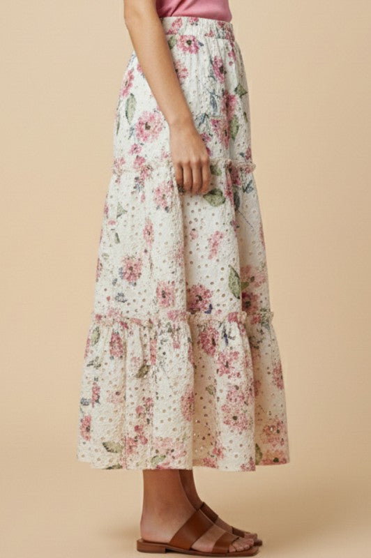 Garden Eyelet Floral Maxi Skirt in Off White floral print side view
