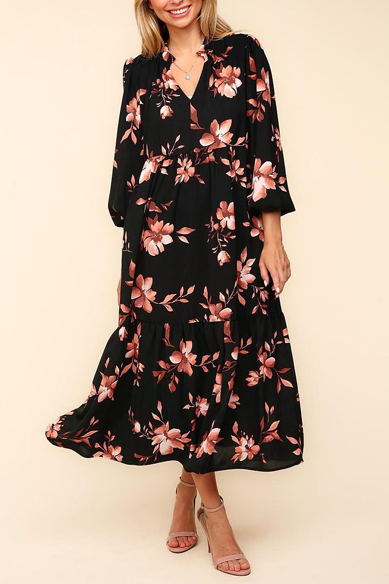 Plus size Gilli floral print tiered dress with split neckline, featuring a feminine and flowy design perfect for casual wear.