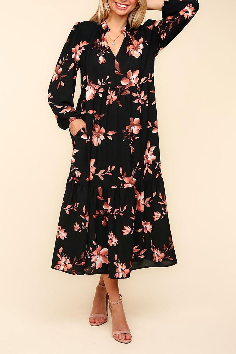 Plus size Gilli floral print tiered dress with split neckline and long sleeves, featuring a feminine tiered design.