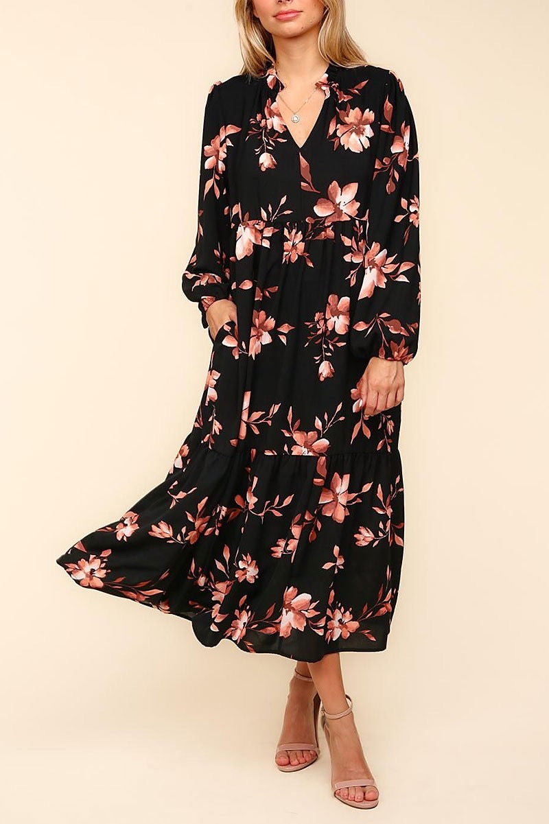 Plus size Gilli floral print tiered dress with split neckline, featuring a flowy, tiered design and vibrant floral pattern.