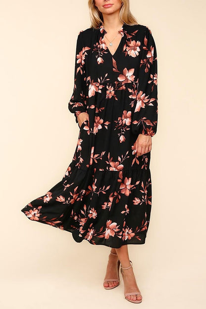 Plus size Gilli floral print tiered dress with split neckline, featuring a flowy, tiered design and vibrant floral pattern.