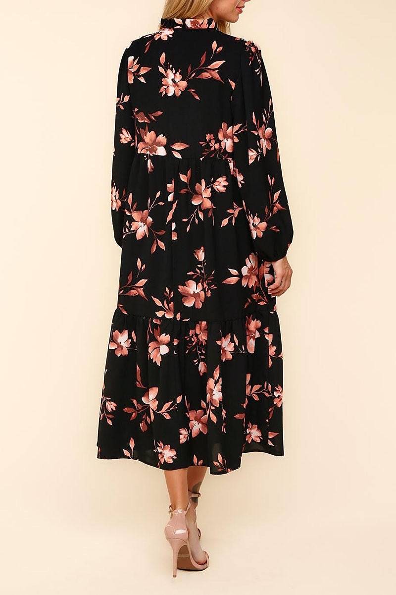 Plus size Gilli floral print tiered dress with a split neck design, featuring a flowy silhouette and vibrant floral pattern.