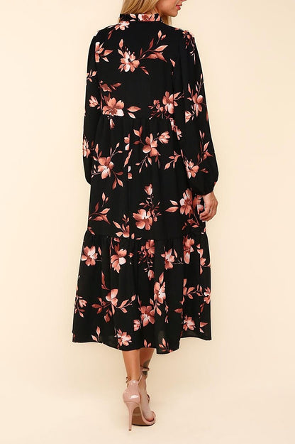 Plus size Gilli floral print tiered dress with a split neck design, featuring a flowy silhouette and vibrant floral pattern.