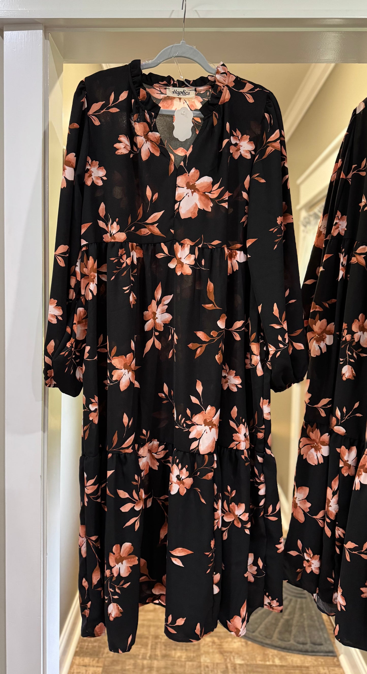 Plus size Gilli floral print tiered dress with split neckline, featuring a feminine, flowy design perfect for casual or semi-formal wear.