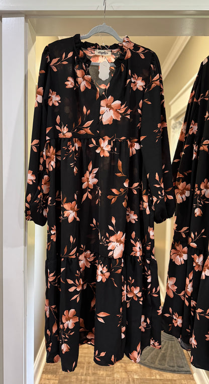 Plus size Gilli floral print tiered dress with split neckline, featuring a feminine, flowy design perfect for casual or semi-formal wear.