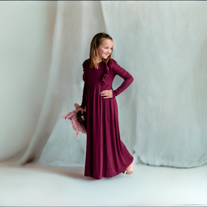 Girls Burgundy Ruffle Bodice Maxi Dress