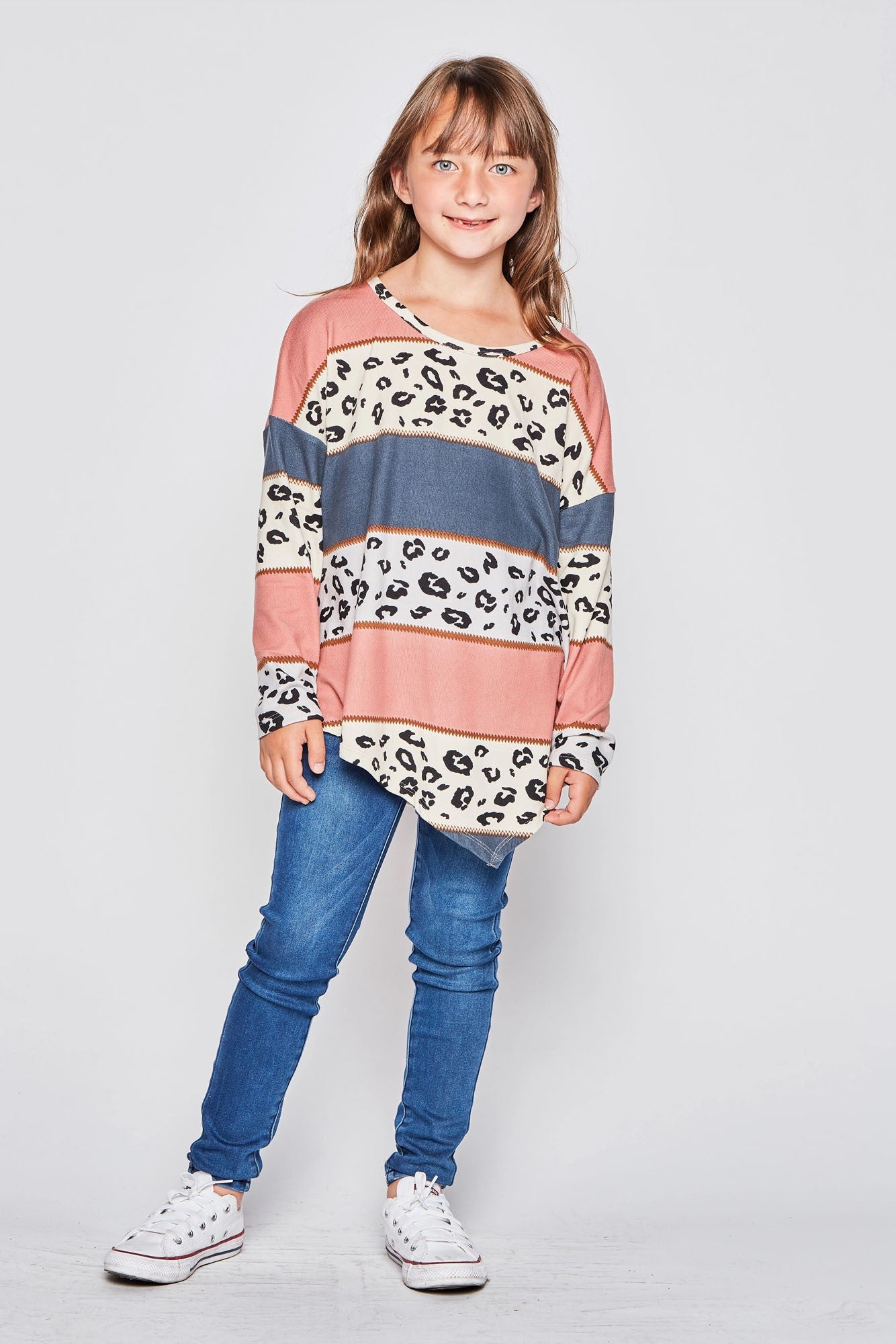 Girls long sleeve leopard print asymmetrical top by GtoG, featuring a stylish animal print design for girls' size T2636-K4.