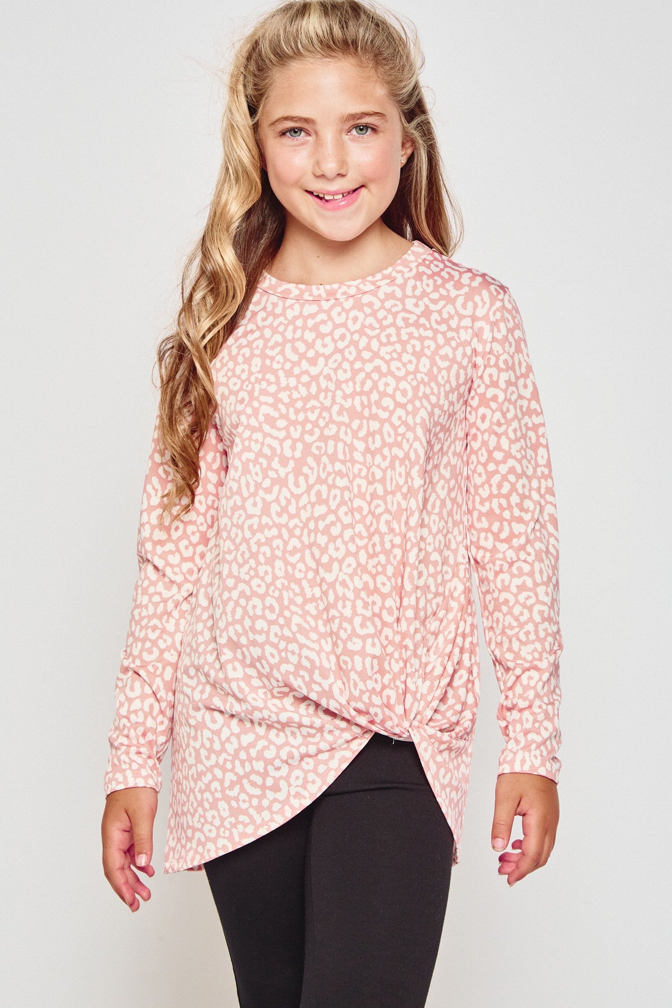 Girls blue leopard print long sleeve knotted tunic top by GtoG, featuring a stylish design and comfortable fit.