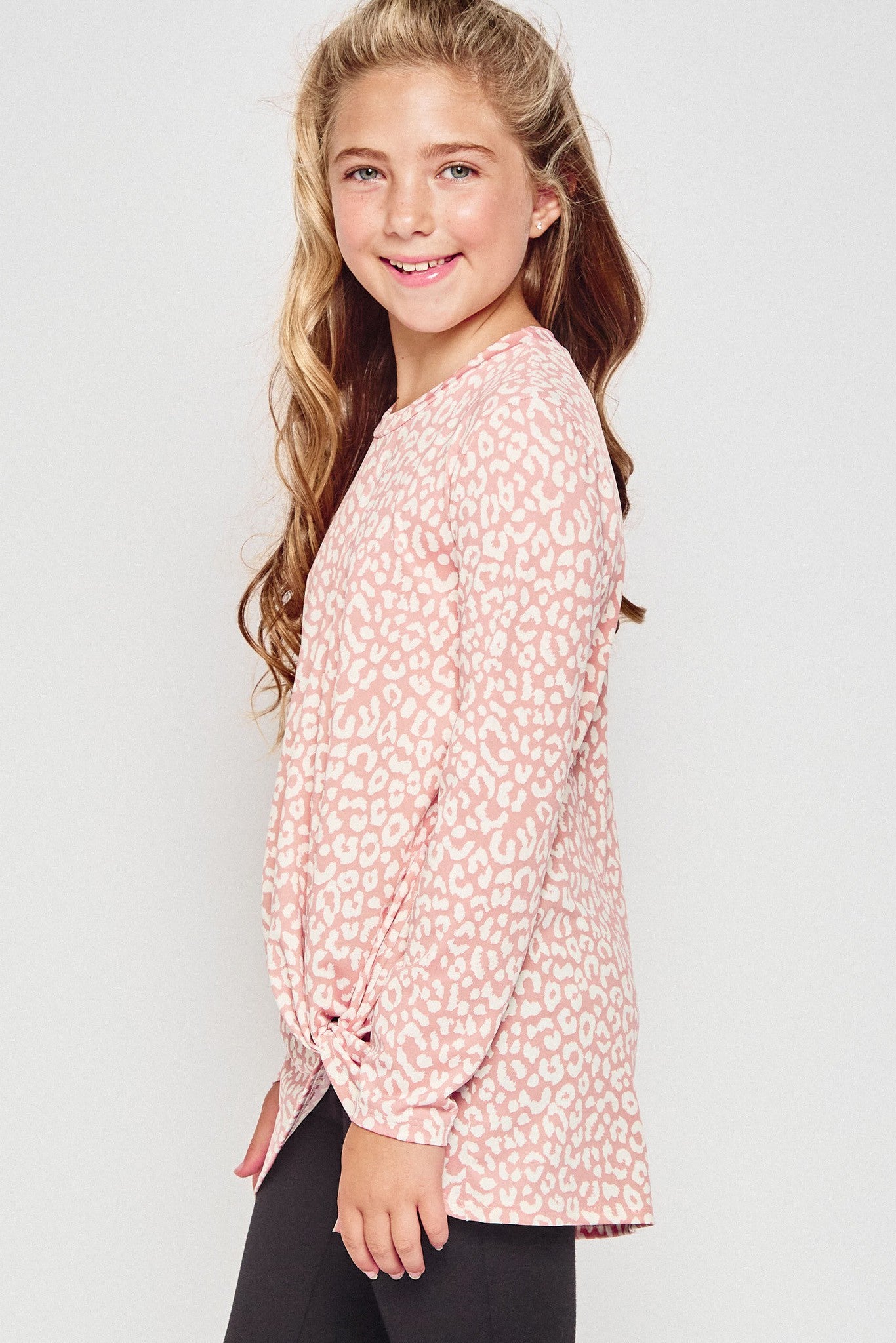 Girls blue leopard print long sleeve tunic top with knotted front by GtoG, casual and stylish for girls.