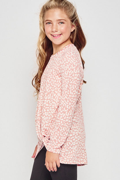 Girls blue leopard print long sleeve tunic top with knotted front by GtoG, casual and stylish for girls.