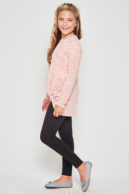 Girls blue leopard print long sleeve tunic top with knotted front by GtoG, stylish and comfortable for casual wear.