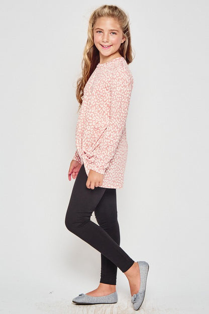 Girls blue leopard print long sleeve tunic top with knotted front by GtoG, stylish and comfortable for casual wear.