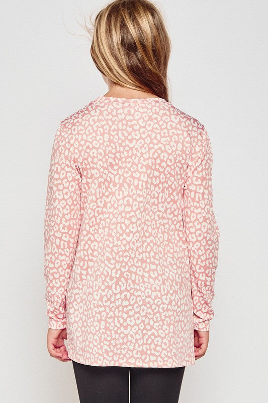 Girls blue leopard print long sleeve knitted tunic top by GtoG, featuring a knotted front and casual style.
