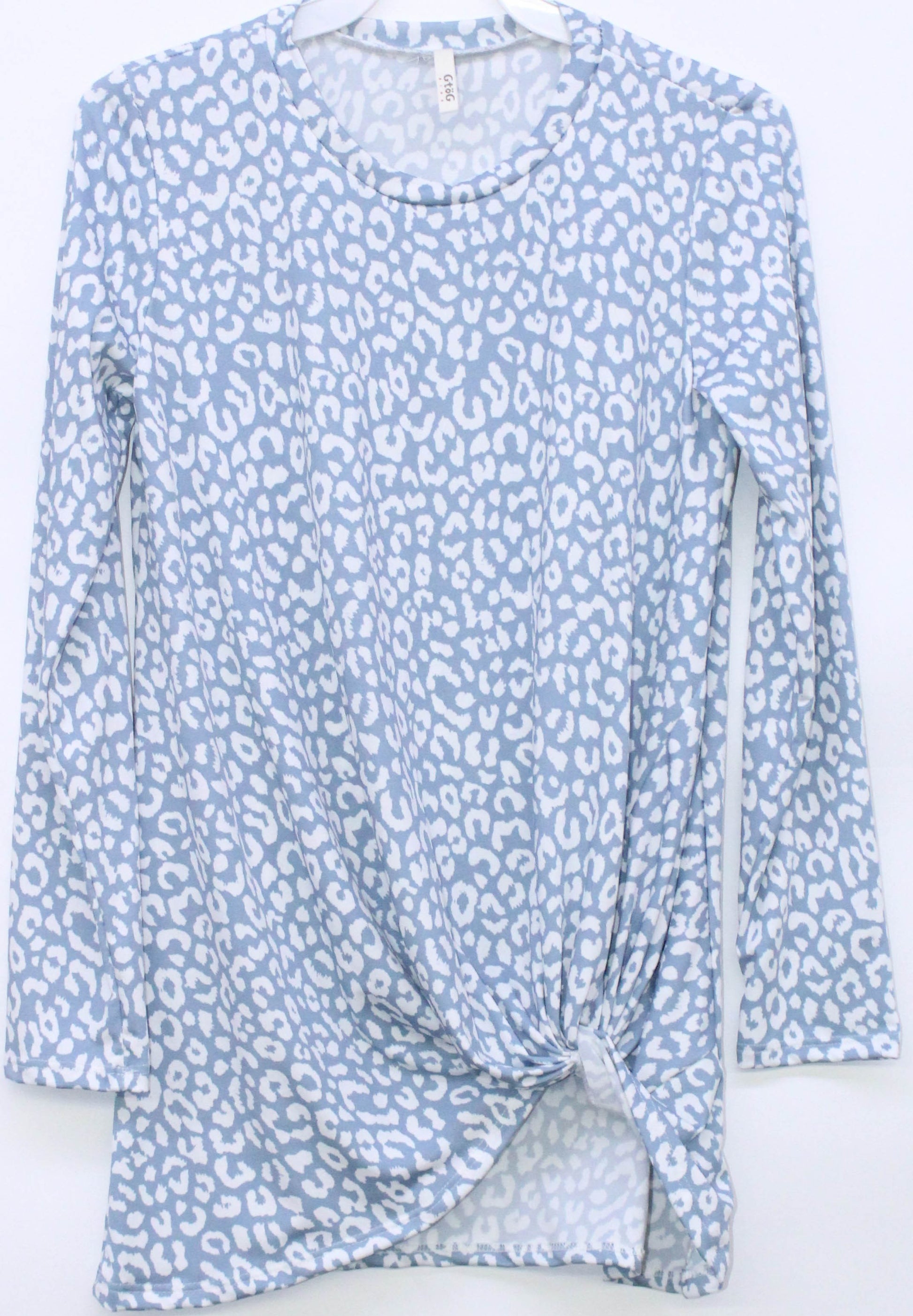 Girls blue leopard print long sleeve knotted tunic top by GtoG, stylish and comfortable for girls' casual wear.