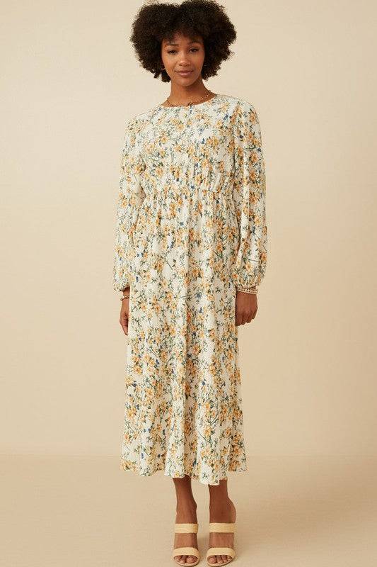 Botanical print puffed long sleeve dress by Hayden Los Angeles, featuring a floral design and elegant silhouette.