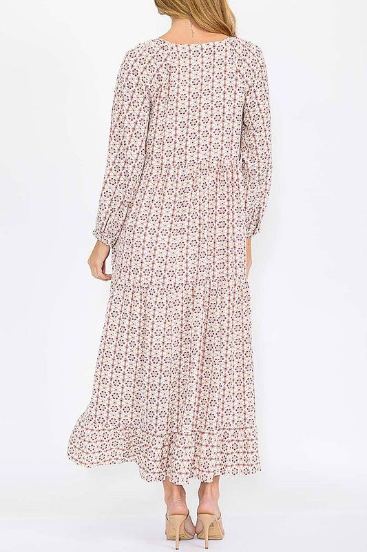 Long sleeve tiered button front V-neck dress by Hayden Los Angeles, shown in a relaxed fit with tiered fabric details.