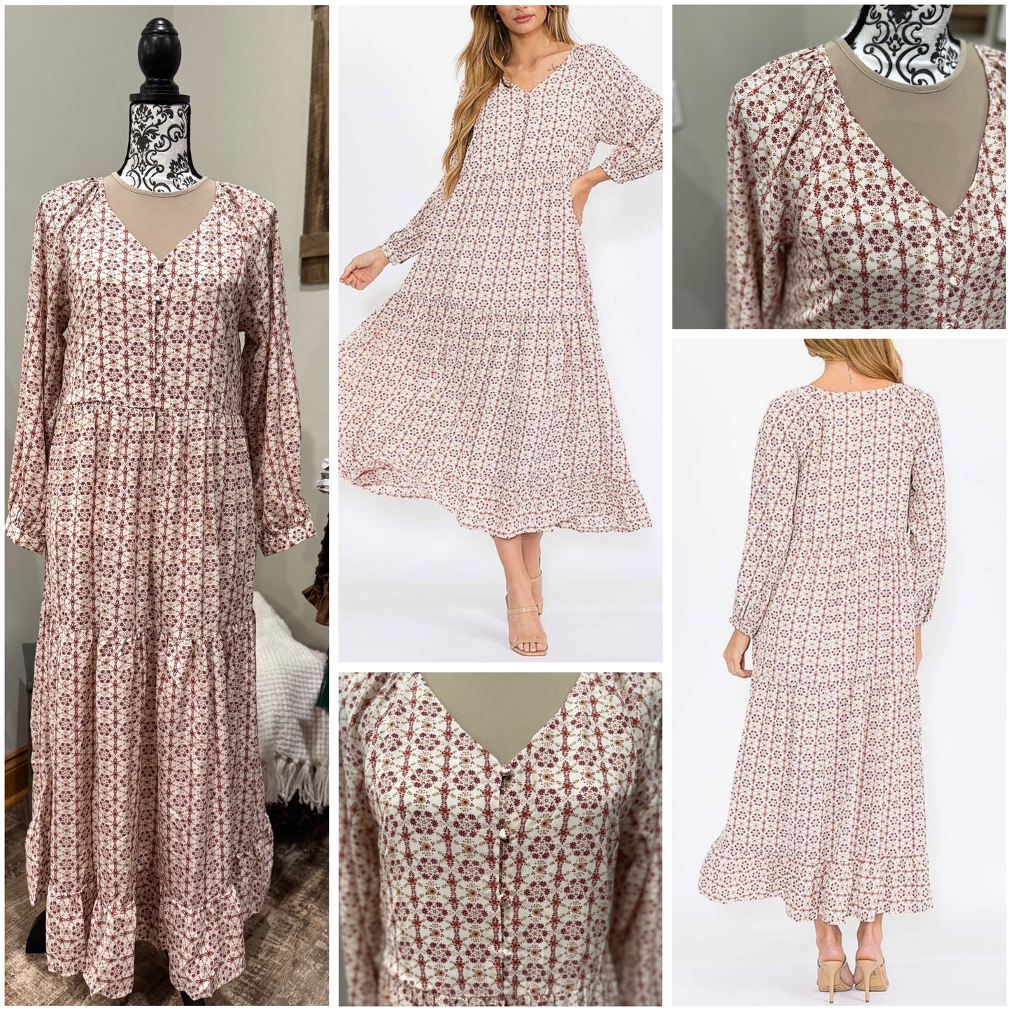 Long sleeve tiered button front V-neck dress by Hayden Los Angeles, featuring relaxed fit and stylish design.