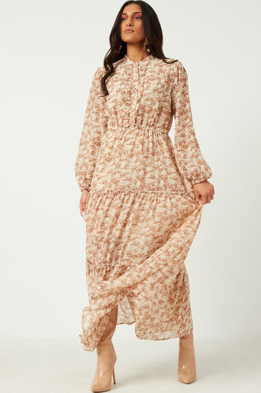 Hayden Los Angeles floral chiffon maxi dress with ruffle placket and button-up front, flowing and elegant for summer wear.