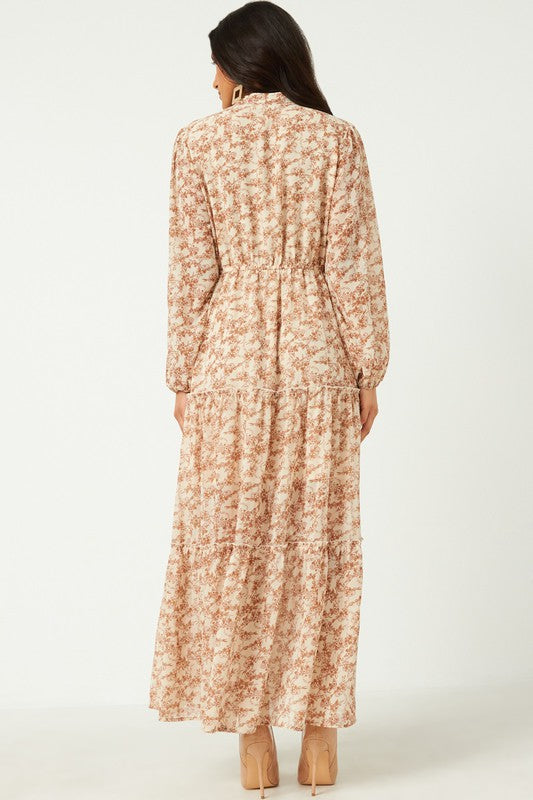 Hayden Los Angeles floral chiffon maxi dress with ruffle placket and button-up front, flowing and elegant for summer occasions.