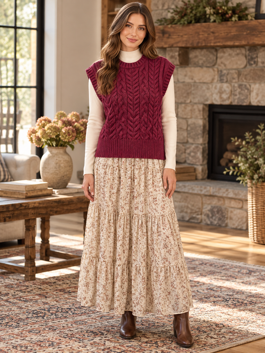 Woman wearing Heyson burgundy cable-knit sweater vest over a cream long-sleeve high-neck top with a maxi skirt