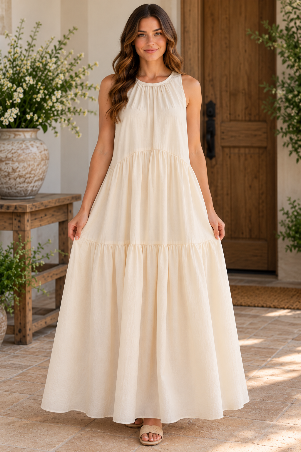 Heyson ivory tiered maxi dress lifestyle front view