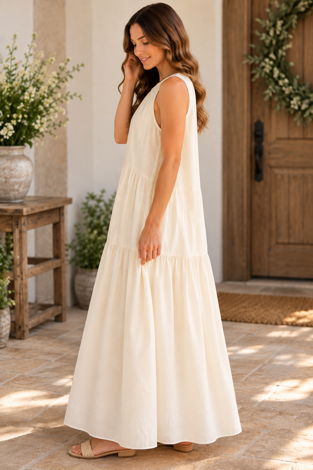 Heyson ivory tiered maxi dress lifestyle side view