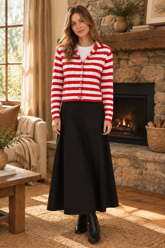 Front view of HEYSON red and cream striped cable knit cardigan