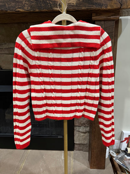 Back view of HEYSON red and cream striped cable knit cardigan