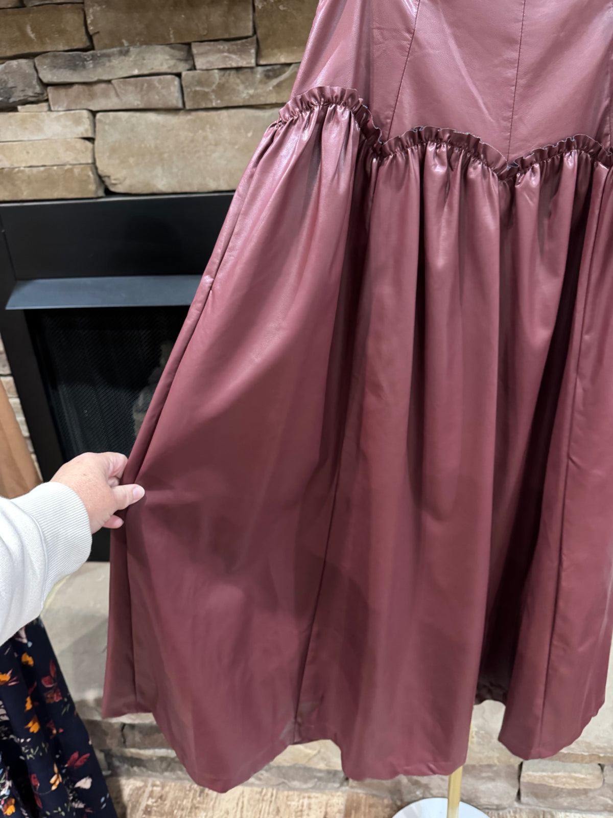 Muted wine faux leather maxi skirt gored sweep and ruffle detail