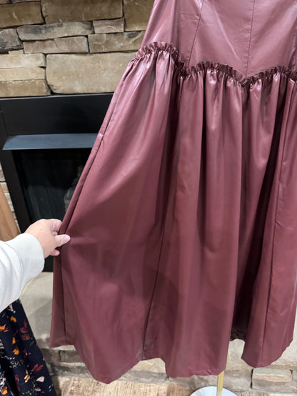 Muted wine faux leather maxi skirt gored sweep and ruffle detail