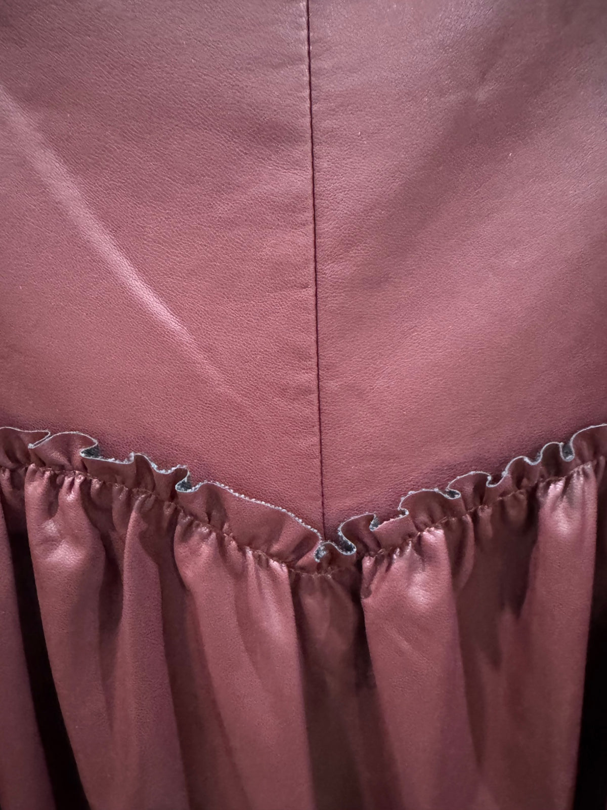 HEYSON faux leather maxi skirt dropped waist and scalloped ruffle seam detail