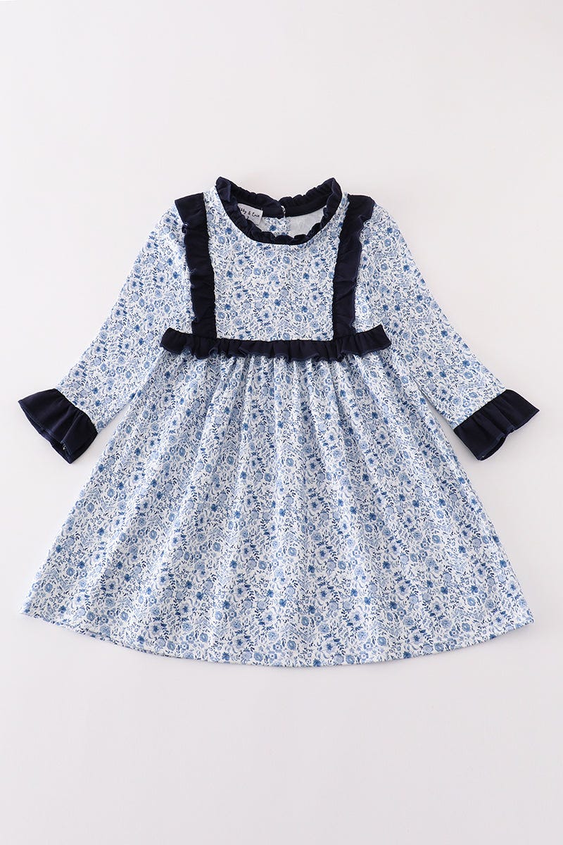 Assorted girls' summer dresses by HoneyDew with navy trim and blue floral pattern, suitable for 12-month-old girls.
