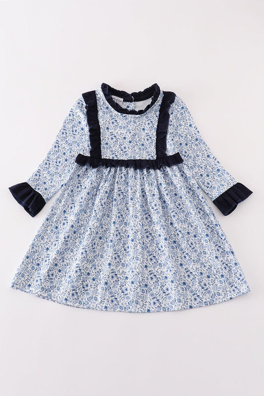 Assorted girls' summer dresses by HoneyDew with navy trim and blue floral pattern, suitable for 12-month-old girls.