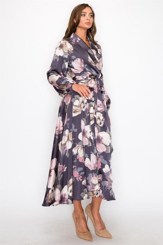 HYFVE satin floral long sleeve maxi dress featuring a flowing silhouette and elegant floral pattern, perfect for special occasions.
