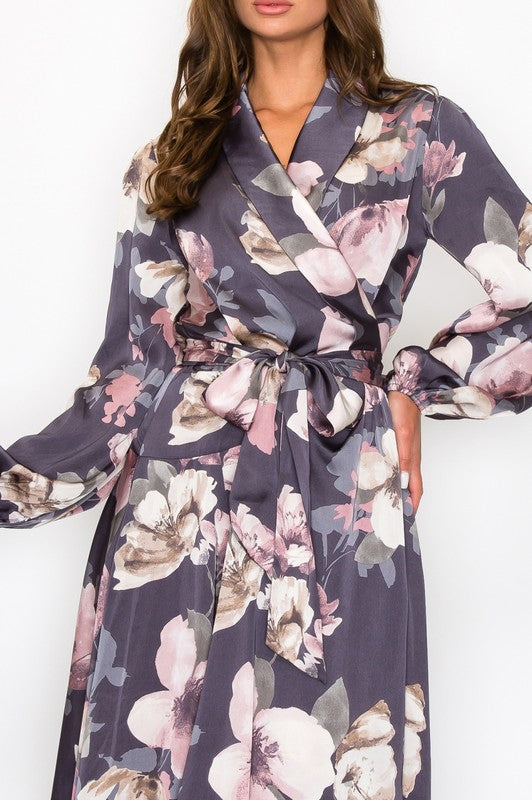 HYFVE satin floral long sleeve maxi dress with a flowing silhouette, featuring a vibrant floral pattern and elegant design.
