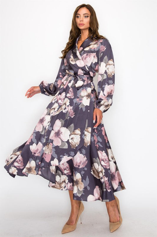 HYFVE satin floral long sleeve maxi dress with a flowing silhouette, detailed floral pattern, and elegant design.