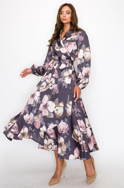 HYFVE satin floral long sleeve maxi dress with a flowing silhouette, detailed floral pattern, and elegant design.