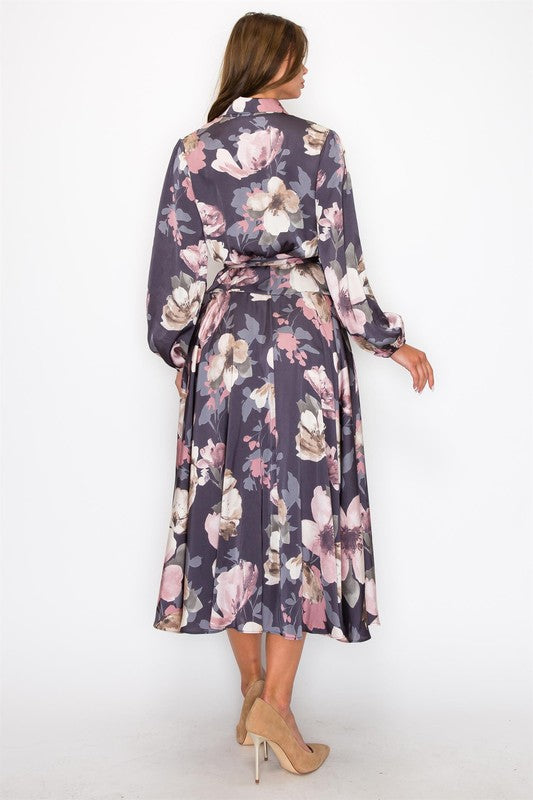 HYFVE satin floral long sleeve maxi dress with a flowing design and elegant floral pattern, perfect for formal occasions.