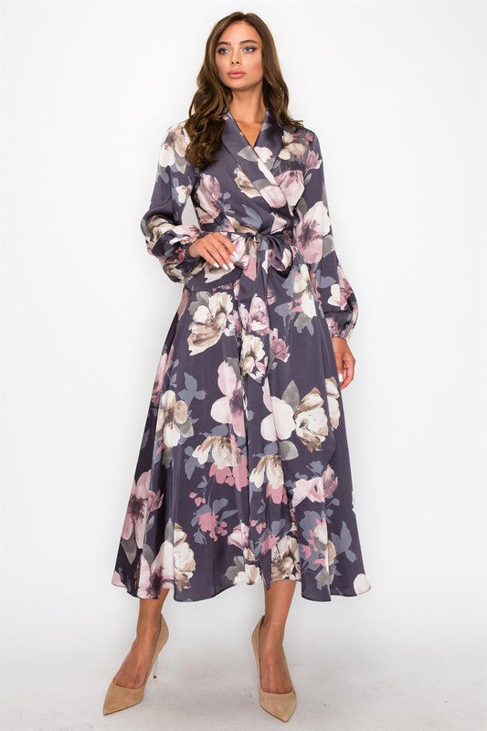 HYFVE satin floral long sleeve maxi dress with elegant design, featuring a flowing silhouette and intricate floral pattern.