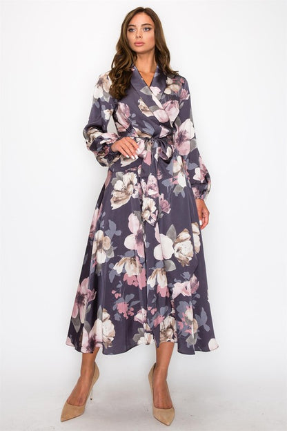 HYFVE satin floral long sleeve maxi dress with elegant design, featuring a flowing silhouette and intricate floral pattern.
