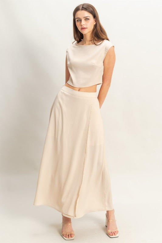HYFVE champagne maxi skirt with sleeveless top set, flowing fabric and stylish design, perfect for casual or dressy occasions.